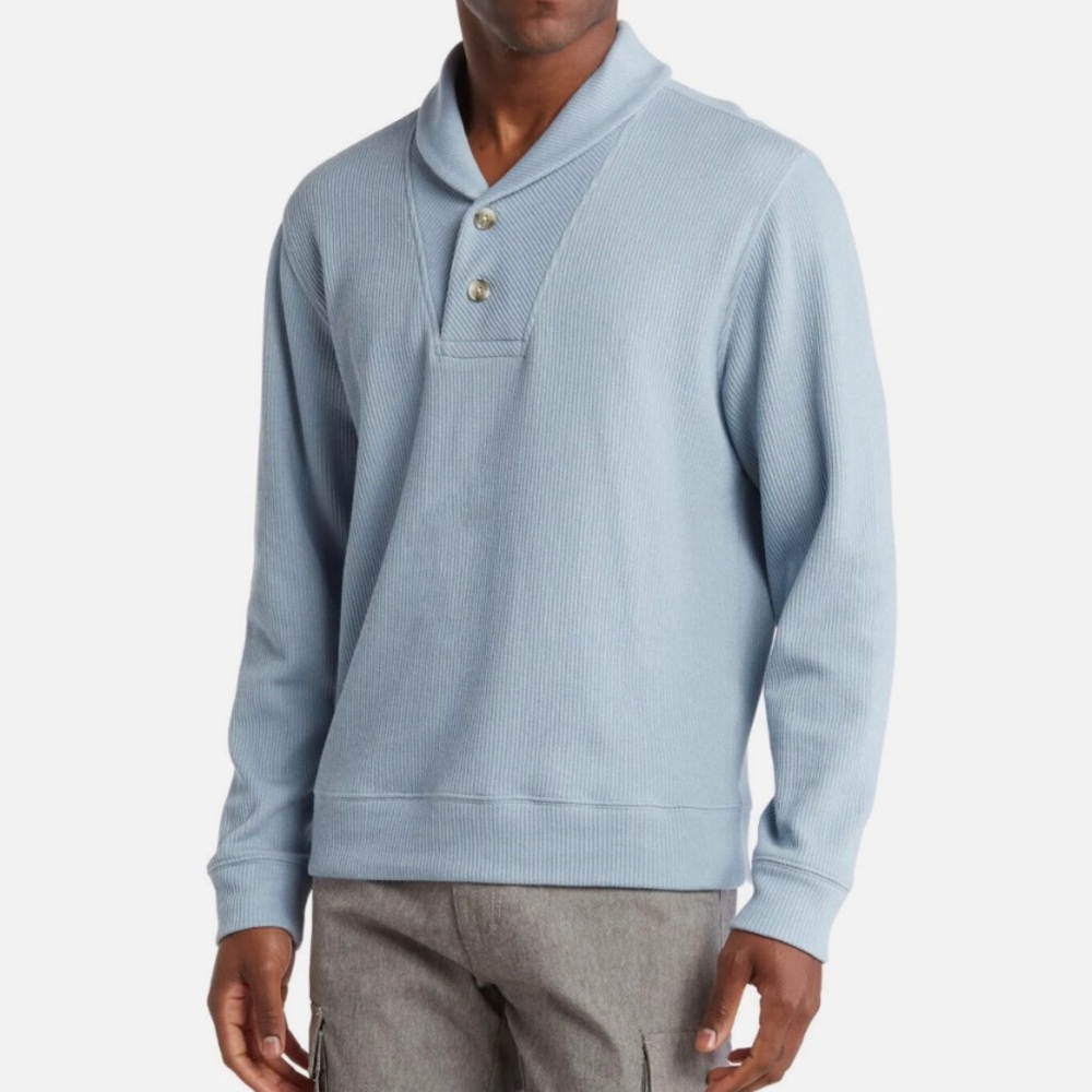 New Vince Men’s Double-Knit Cotton Shawl-Collar Henley Ribbed Sweater Size Large